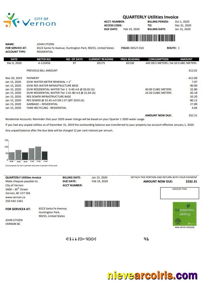 USA Canada City of Vernon water utility bill